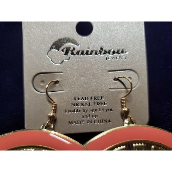 Rainbow Brand BOHO Style Earrings, Very Large, Gold Tone, Pink & Green, NWT - Picture 4 of 7